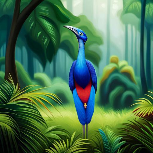 An image capturing the awe-inspiring presence of a Southern Cassowary, standing tall amidst the lush rainforest foliage