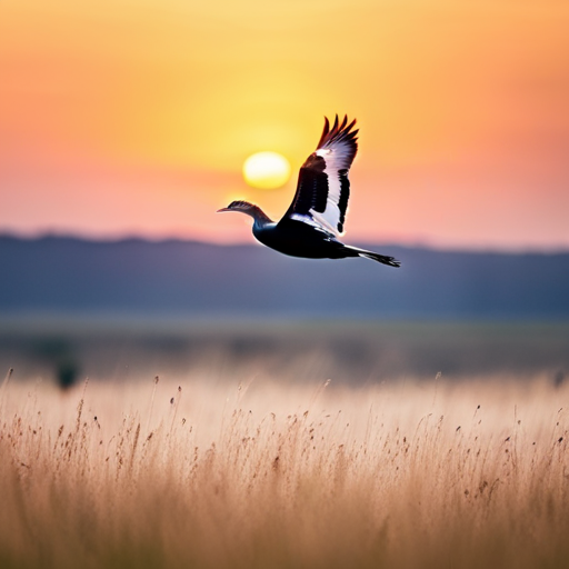  the majestic silhouette of a Great Bustard as it spreads its wings in a vast open field, the morning sun casting a golden glow on its feathers, while the surrounding landscape adds a sense of grandeur