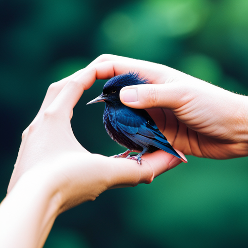 An image capturing the intricate moment of a caregiver gently hand-feeding a delicate starling chick, showcasing the lush greenery of its natural habitat