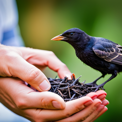 An image capturing the delicate act of hand-feeding starling babies, showcasing the tender connection between caregiver and bird