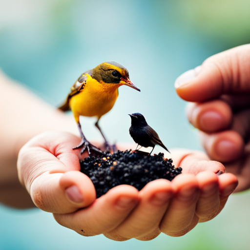 An image capturing the delicate moment of a person's outstretched hand, filled with juicy mealworms, gently offering sustenance to a fluffy starling hatchling perched on the edge of a nest, showcasing the blossoming bond of trust