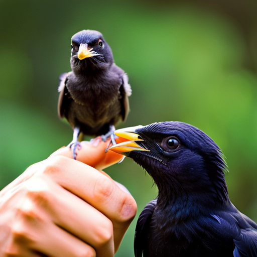 An image showcasing delicate hands cradling fragile, wide-eyed starling chicks with open beaks, eagerly awaiting nourishment