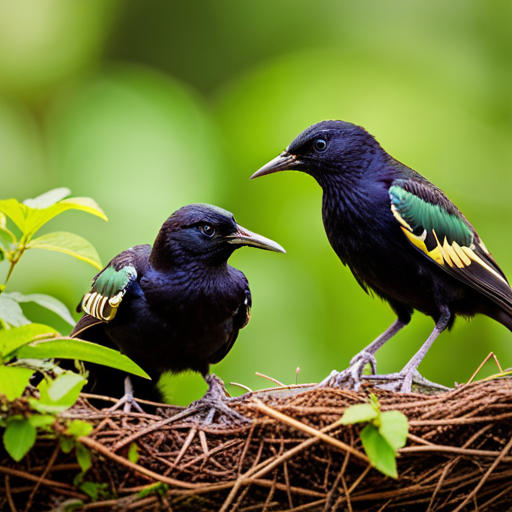 An image showcasing a serene scene: a pair of starling parents perched on a rustic wooden fence, their beaks gently feeding their fluffy nestlings nestled in a cozy, moss-covered nest tucked amidst vibrant green foliage