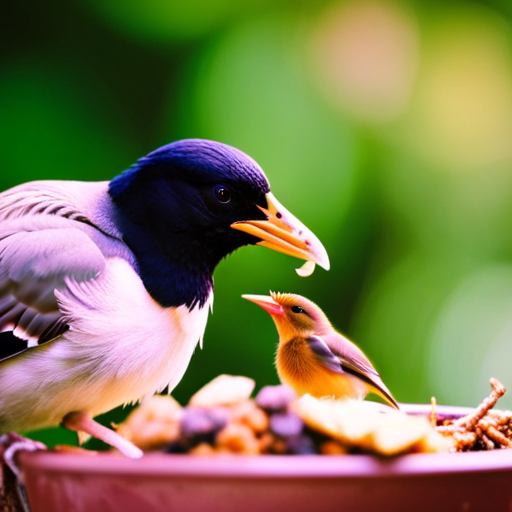 An image capturing the intimate moment of a mother bird delicately regurgitating food into her eager chick's open beak
