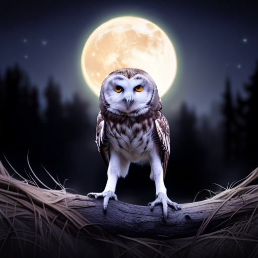 An image showcasing the skeletal structure of owl legs against a moonlit forest backdrop, capturing the powerful grip of razor-sharp talons clutching prey, while the owl's flexible joints illustrate their stealthy hunting techniques
