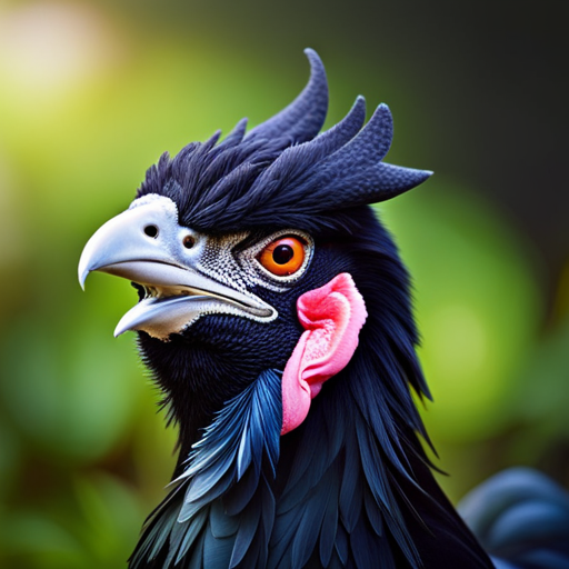 An image showcasing a close-up of an Ayam Cemani chicken's glossy, jet-black feathers, contrasting with the soft pastel hues of its mysteriously captivating eggs