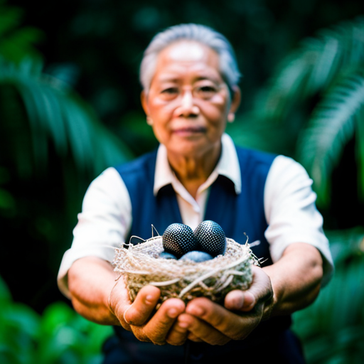 An image showcasing a lush Indonesian rainforest backdrop, with a shadowy figure gently cradling a nest of mysterious black chicken eggs, symbolizing the delicate balance between conservation efforts and the protection of rare Indonesian chicken breeds