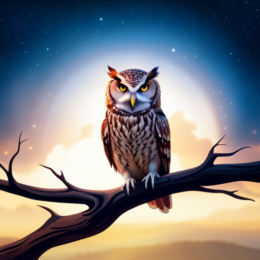 An image showcasing an elegant owl perched on a gnarled tree branch against a starlit sky