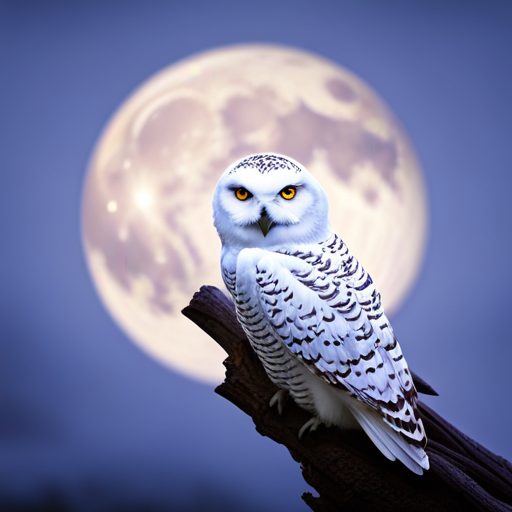 An image showcasing a majestic snowy owl perched on a gnarled tree branch beneath a full moon, casting an ethereal glow on its piercing, wise eyes, evoking a sense of awe and mystery