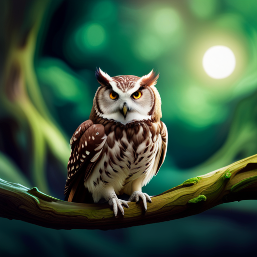 An image depicting a moonlit forest glade, where an ethereal owl perches on a gnarled branch