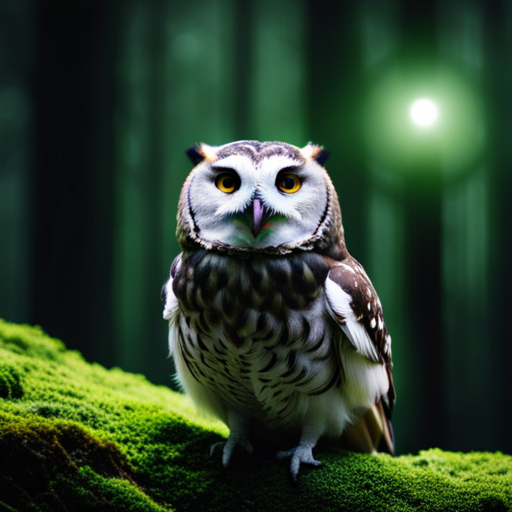 An image capturing the enigmatic allure of owls: a moonlit forest scene with a solitary, shadowy owl perched on a moss-covered branch, its piercing eyes gleaming with wisdom and secrecy
