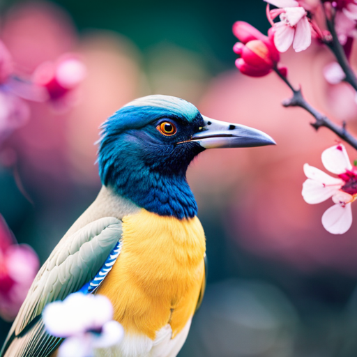 An enchanting image showcasing the majestic Fenghuang bird, surrounded by vibrant cherry blossoms, its feathers glowing with iridescent colors, symbolizing its powerful and captivating presence in Chinese mythology