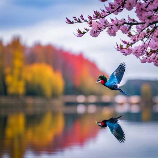 An enchanting image showcasing the majestic and vibrant plumage of the mystical Fenghuang bird, as it soars gracefully over a tranquil landscape adorned with blooming cherry blossom trees and shimmering reflective waters