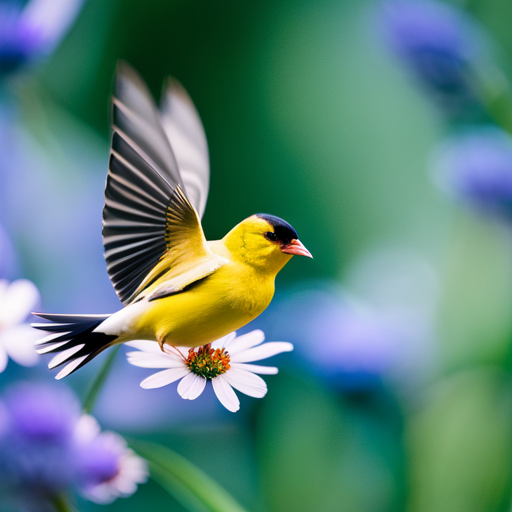 A captivating image capturing the essence of New Jersey's vibrant state bird, the American Goldfinch, in flight