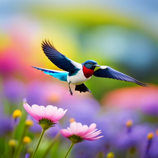 the exuberance of New Jersey's vibrant state bird as it soars through the cerulean sky, its majestic wings outstretched, feathers shimmering in a kaleidoscope of colors, against a backdrop of lush greenery and blooming wildflowers