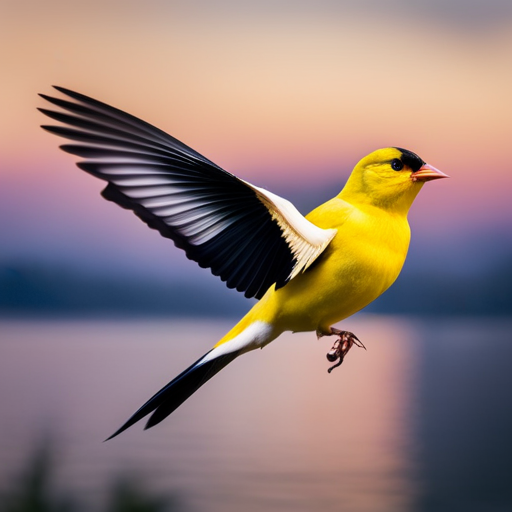 An image of a resplendent American Goldfinch soaring against the backdrop of a lush New Jersey landscape, its vibrant yellow feathers illuminated by the golden rays of the sun
