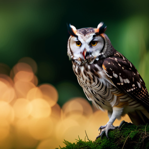 An image of a moonlit forest, with an owl perched on a branch, surrounded by fireflies illuminating the darkness
