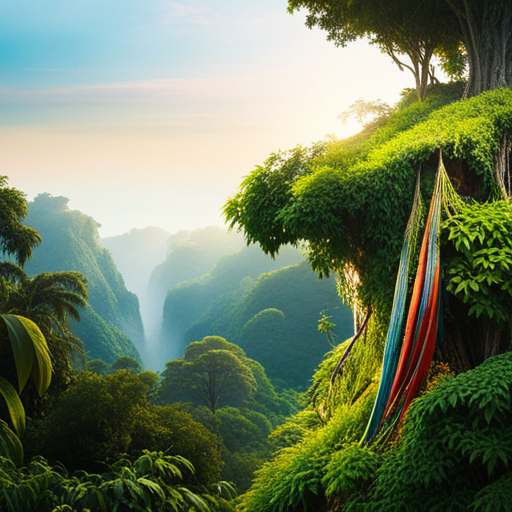 An image capturing a lush rainforest canopy teeming with vibrant parrots