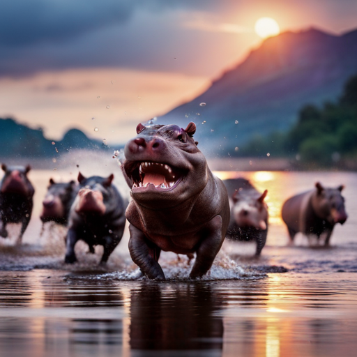 An image depicting a chaotic scene: a herd of muscular hippos thundering through a river, splashing water in all directions, their powerful jaws wide open, revealing menacing teeth