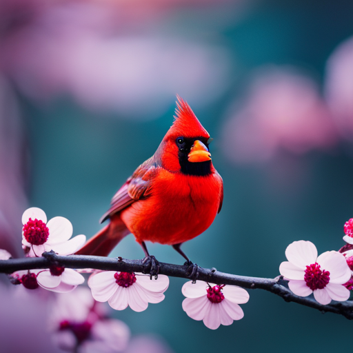 An image featuring a majestic red cardinal perched on a blossoming cherry tree branch, with vibrant red plumage, symbolizing its role as a divine messenger of hope in Chinese culture