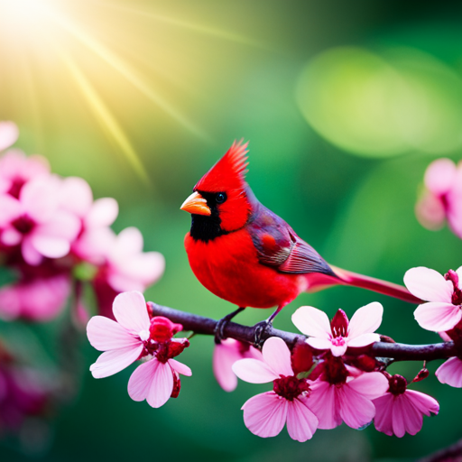 An image capturing the vibrant red plumage of a cardinal perched on a blossoming cherry tree branch, with rays of golden sunlight illuminating its feathers, embodying the cardinal's revered association with luck and prosperity