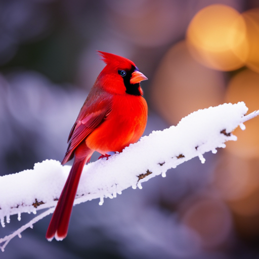 An image capturing the magic of Christmas, showcasing a vibrant red cardinal perched on a snow-covered branch, its feathers glistening under twinkling fairy lights, symbolizing the joyful presence of heavenly messengers and good fortune