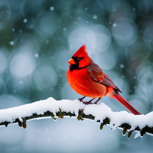 An image capturing the ethereal beauty of a vibrant red cardinal perched on a snow-laden branch, its feathers brilliantly contrasting against the winter landscape, symbolizing hope and joy in a world filled with uncertainty