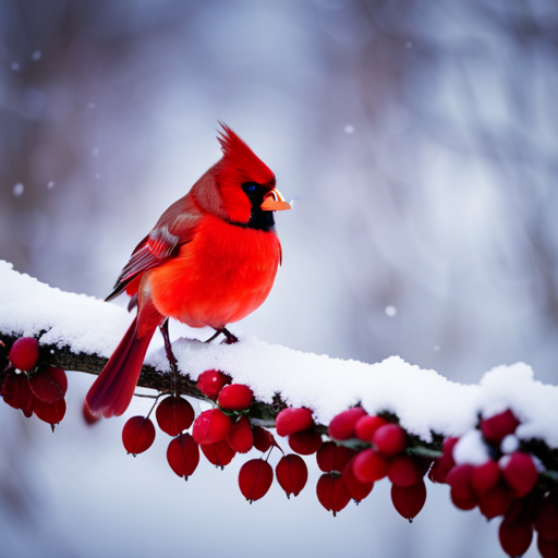 An image showcasing the vibrant red feathers of a cardinal perched on a snow-covered branch against a serene winter landscape