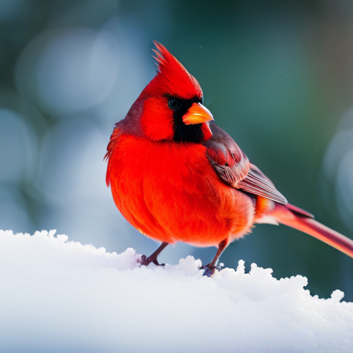 An image capturing the ethereal beauty of a vibrant red cardinal perched on a snow-laden branch, its feathers aglow in the sunlight, symbolizing luck and hope with its majestic presence