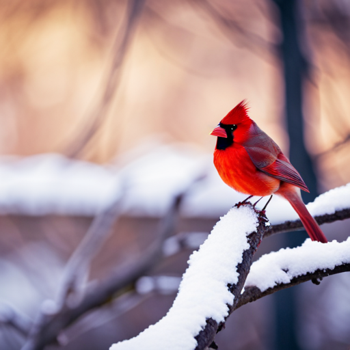 An image of a vibrant red cardinal perched on a snow-covered branch, its feathers fluffed against the cold