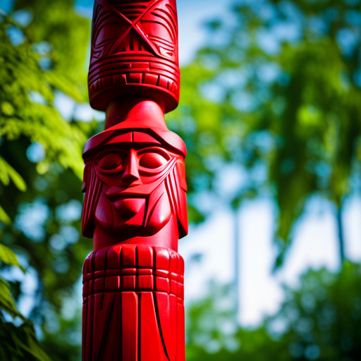 An image featuring a majestic red cardinal perched atop a sacred totem pole, adorned with intricate Native American symbols, surrounded by lush forests and flowing rivers, invoking the mystical aura of Native American mythology