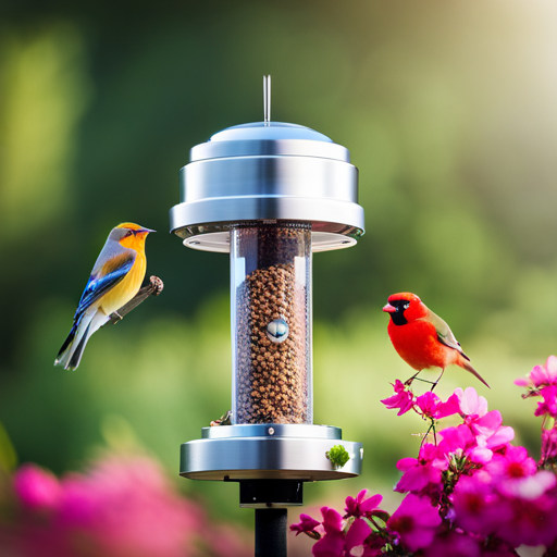 An image showcasing the NETVUE Birdfy Feeder in a serene garden setting, highlighting its innovative safety features like a protective mesh, adjustable perches, and a secure locking mechanism, ensuring birds can feed comfortably and without risk
