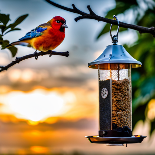 An image that showcases a stunning sunset backdrop with a NETVUE Birdfy Feeder perched on a tree branch