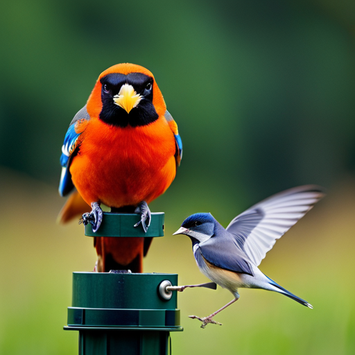 An image showcasing the NETVUE Birdfy Feeder in action: A group of enthusiastic birdwatchers, equipped with binoculars, cameras, and notebooks, gather around the feeder, capturing mesmerizing close-up shots of vibrant birds in their natural habitat