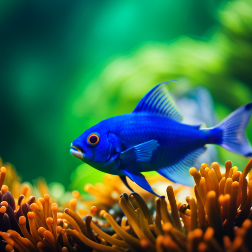 An image showcasing a sleek, modern aquarium teeming with vibrant, exotic fish effortlessly gliding through lush underwater plants