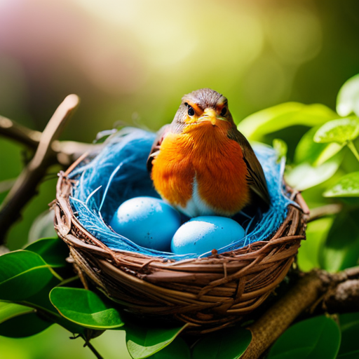 An image capturing the delicate beauty of a robin's nest hidden among lush green foliage, showcasing the intricate arrangement of twigs, soft feathers lining the nest, and the vibrant blue eggs nestled within