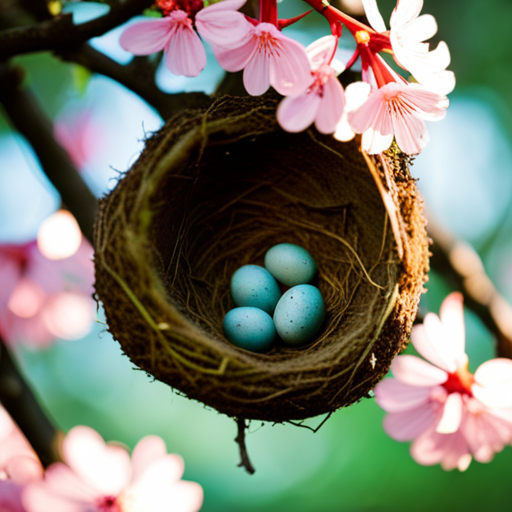 An image of a lush, mossy nest nestled in a blooming cherry blossom tree, adorned with delicate, speckled robin eggs