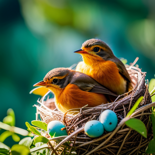 An image capturing the delicate moments of baby robins' development: a cozy nest nestled in a lush tree, vibrant blue robin eggs with speckles waiting to hatch, and a parent diligently feeding the chirping hatchlings