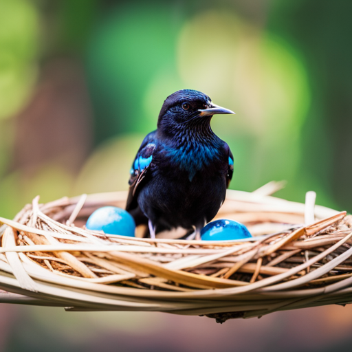 An image depicting a vibrant European Starling perched on a nest, delicately cracking open a pale blue egg, capturing the captivating moment of new life emerging amidst a backdrop of lush green foliage
