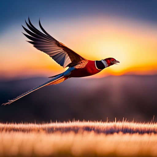 An image showcasing the majestic Ring-Necked Pheasant soaring against a stunning sunset backdrop, its vibrant plumage catching the golden rays