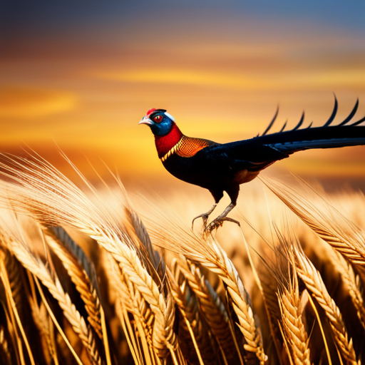 An image where a majestic pheasant, South Dakota's vibrant state bird, soars above sprawling golden wheat fields, capturing the essence of the state's robust agricultural industry and its crucial role in shaping the economy