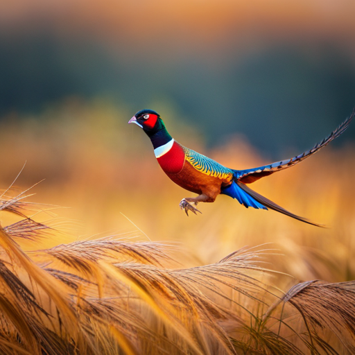 An image capturing the breathtaking moment when South Dakota's state bird, the majestic Ring-necked Pheasant, gracefully soars through a golden-hued autumn landscape, showcasing its vibrant plumage against a backdrop of rolling prairies