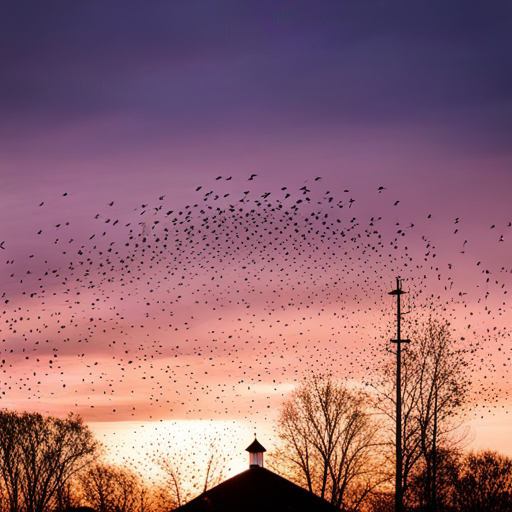 An image capturing the mesmerizing sight of a massive starling flock, swirling through the sky in perfect synchrony
