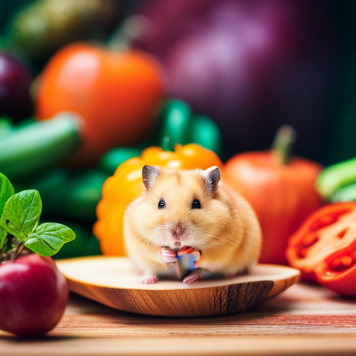 An image showcasing a tan hamster surrounded by a variety of fresh fruits and vegetables, such as carrots, apples, and leafy greens, highlighting their nutritional benefits