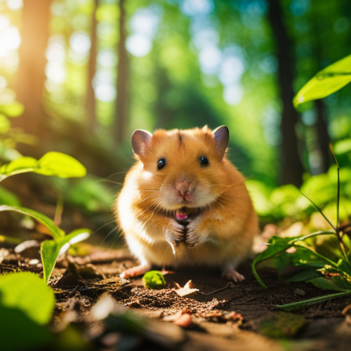 An image showcasing a tan hamster in a lush forest habitat, surrounded by sun-kissed leaves and flowers