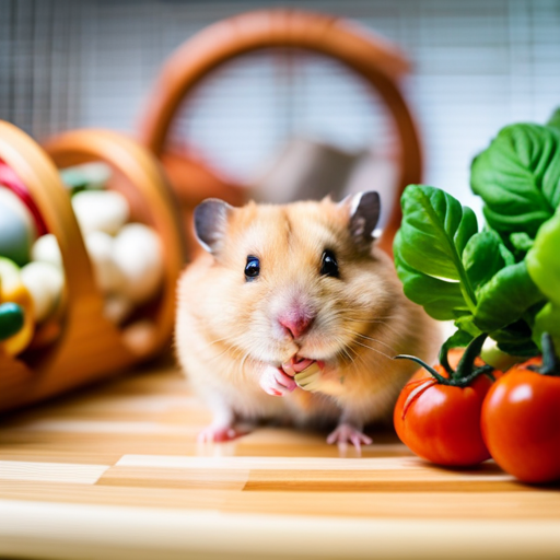 An image showcasing a well-groomed tan hamster, peacefully enjoying a spacious, clean cage filled with chew toys, a running wheel, and fresh vegetables, emphasizing the importance of proper care and a healthy environment