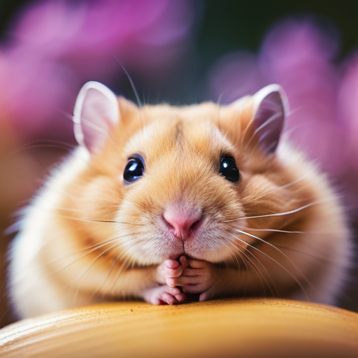 An image showcasing a close-up of a tan hamster, capturing its distinctive almond-shaped eyes, soft velvety fur, and delicate pink nose, highlighting the unique characteristics that make tan hamsters truly one-of-a-kind