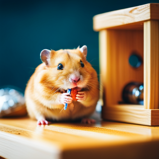 An image featuring a tan hamster in a spacious cage, nibbling on a chew toy, with bright eyes and a relaxed posture