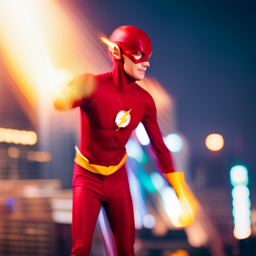 An image showcasing The Flash's heroic presence in Starling City: A bolt of lightning illuminates the night as The Flash races through the city, leaving a trail of blurred colors and wind gusts in his wake, symbolizing his critical role in saving the city