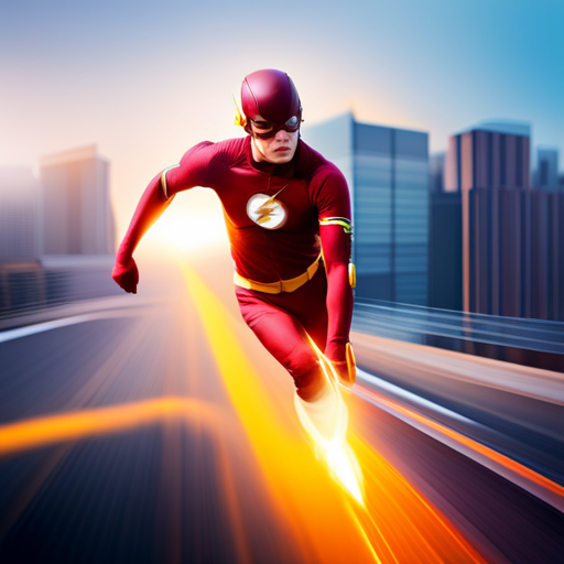 Capture an image showcasing the electrifying brilliance of The Flash, surrounded by a bevy of remarkable heroes from Starling, as they stand united against a backdrop of crackling energy and a city skyline